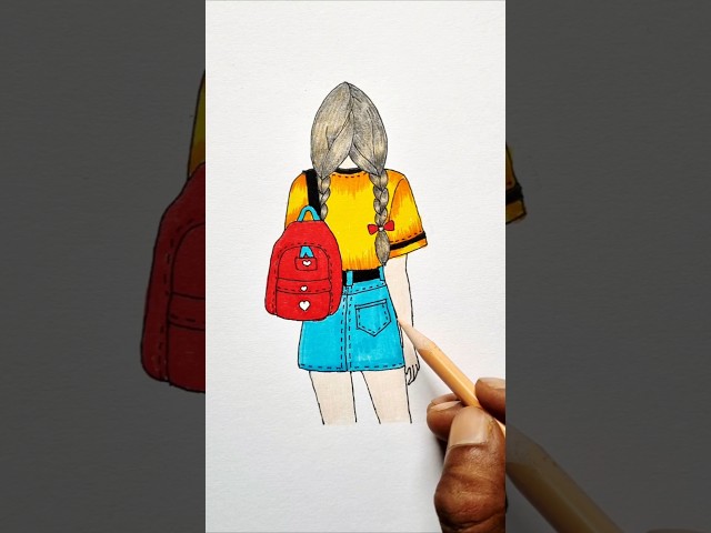 Cute School Girl Drawing Easy 🎒❤️ #shorts #drawing