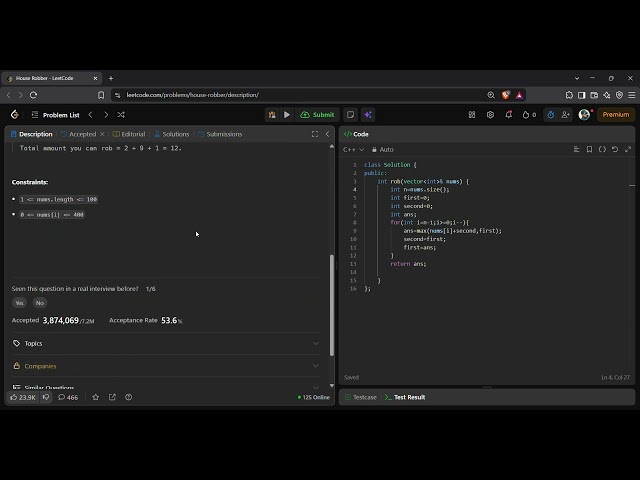 LeetCode 198 House Robber | Space Optimisation | Dynamic Programming | C++ Solution