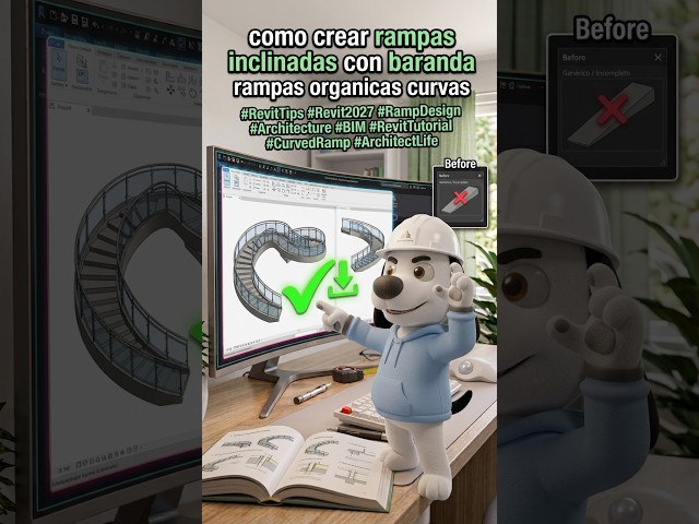 Como crear rampas inclinadas con baranda en revit, rampas organicas curvas  #revit #arquitectura