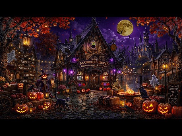 🎃🦇 Cozy Fall Witch's Village Ambience | Halloween Jazz 2026, Warm Campfire & Crunchy Autumn Leaves