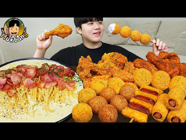 ASMR MUKBANG | Crispy Fried Chicken, fire noodles, cheese ball recipe ! eating