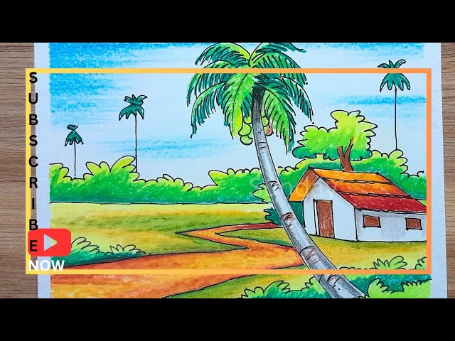 how to draw a village scenery drawing-most easy steps/landscape drawing/scenery drawing