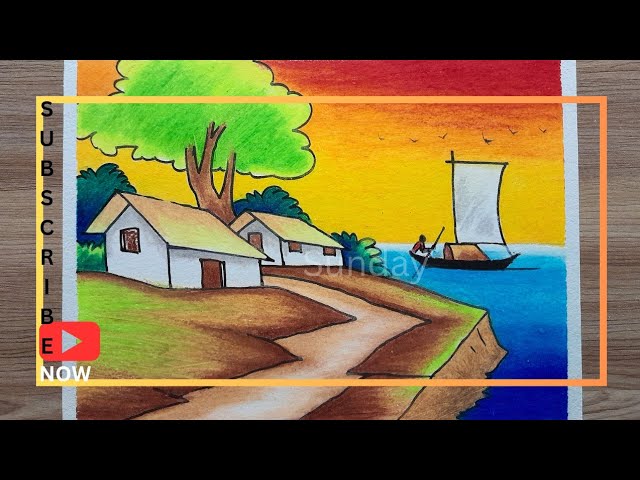 River side Sunset village scene drawing - most easy steps/সূর্যাস্তের গ্রামের দৃশ্য আঁকা ও রং করা