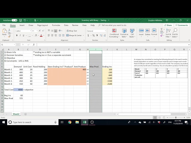 Inventory with Binary Variables (Excel)