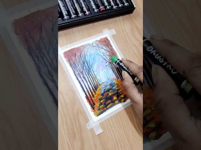 beautiful autumn scenery🌈✨ with oil pastel colour #art# drawing #shorts