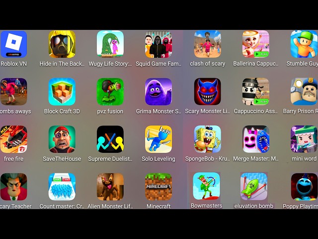 Grimace Monster Scary Survival,Run From Papa Pizza,Wugy Life Story,Mini World,Save The House......