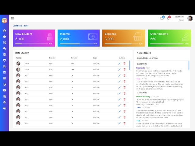Java Swing UI Design - School Management Dashboard