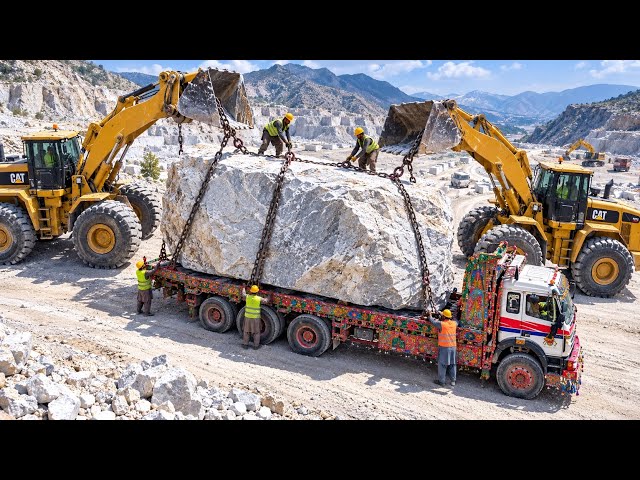  Incredible Mountain Stone Work | Truck Loading, Giant Stone Cutting & Marble Slab Production 😱