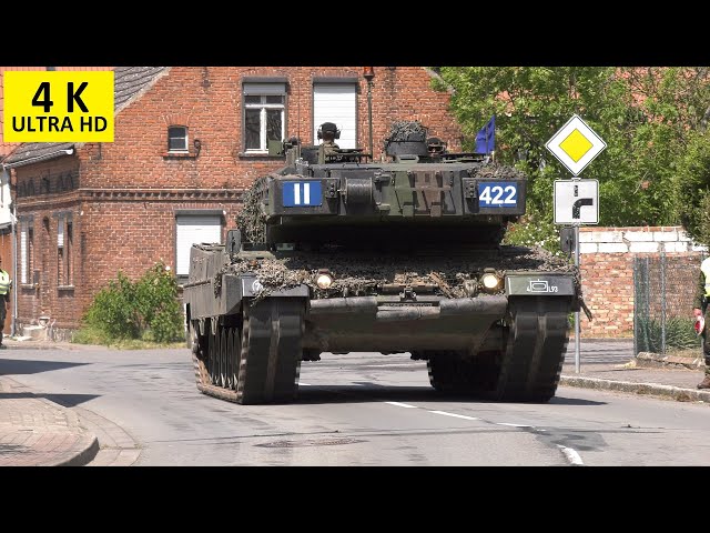 Kompanie Kampfpanzer Leopard 2 fährt durch Ortschaft #Straßensanierung