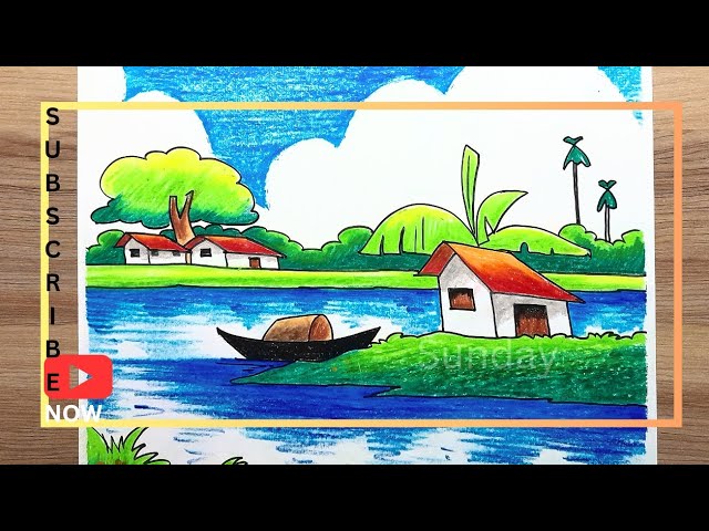 oil pastel drawing - easy village scenery drawing/how to draw a river side scenery