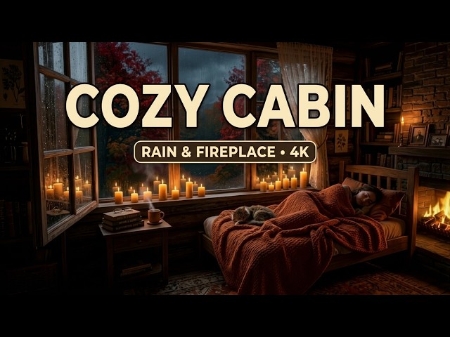 4K Cozy Autumn Cabin Sleep 🌧️ Rain Outside the Window, Crackling Fireplace &  Deep Sleep 2H