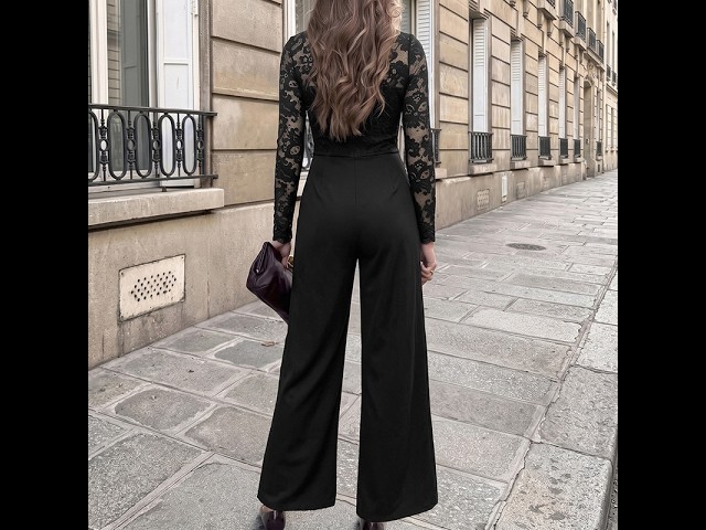 Black V-Neck Floral Lace Bodice Long-Sleeve High-Waist Wide-Leg Jumpsuit