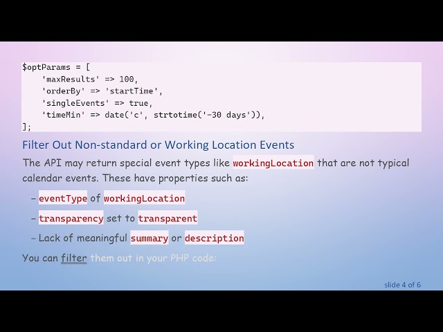 Filtering Google Calendar API Results to Return Only Actual Events in PHP
