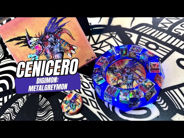 Cenicero inspirado en TCG Digimon: MetalGreymon. con mini cartas holográficas, leds y resina epoxi
