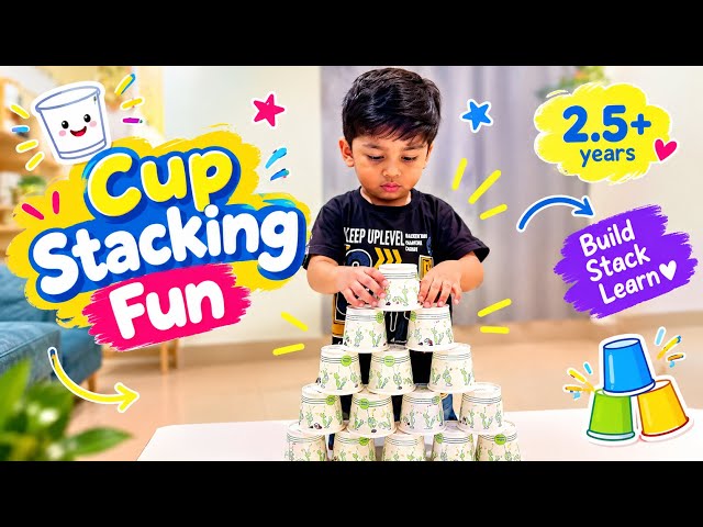 6 Attempts! 😮 He Almost Gave Up… Then HE DID IT! | Toddler Cup Stacking #learningthroughplay#lowcost