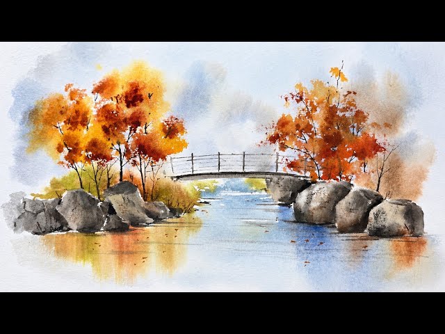Easy Autumn Watercolor Landscape | Beginner Painting Tutorial 🍂