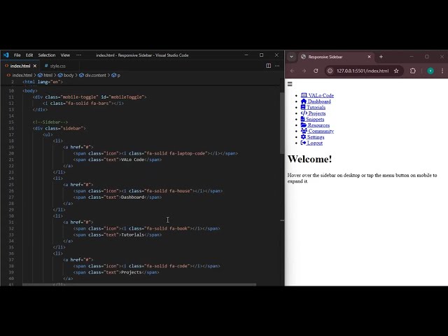 Responsive Sidebar with Hover Expand & Mobile Toggle | HTML CSS JavaScript Tutorial