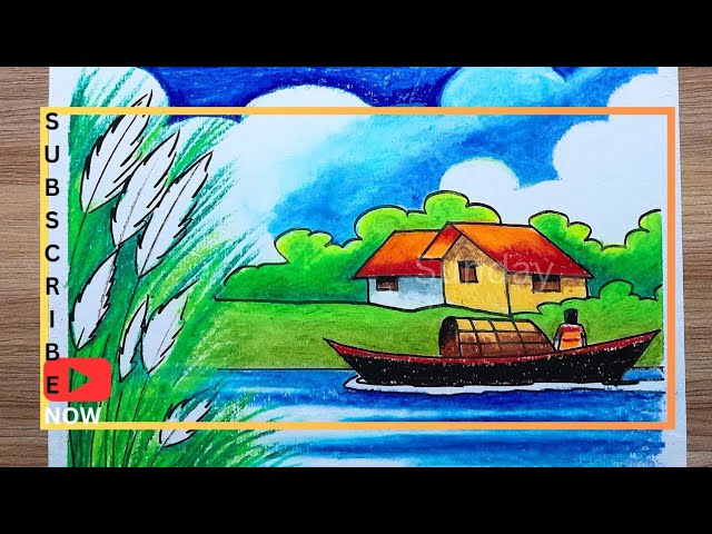শরৎকাল আঁকা/river side Autumn village scene drawing with boat/autumn scenery drawing