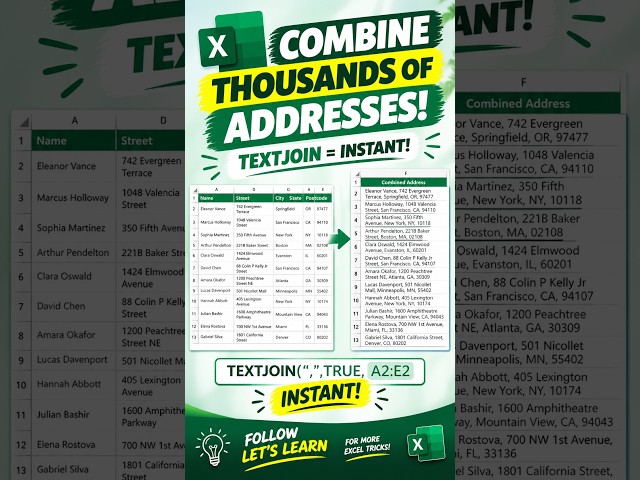 Combine Thousands of Addresses in Seconds with TEXTJOIN! | Excel Trick