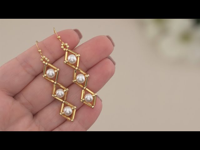 Easy Earring Tutorial with Bugle Beads: Gold Diamond Pearl Earrings Making | Handmade Pearls Jewelry