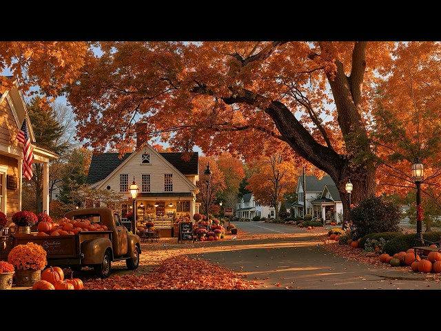 Pumpkin Harvest on a New England Autumn Street🎃Deep & Warm Jazz, Cozy Café & Golden Leaves to Unwind