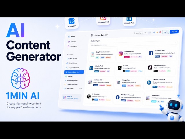 Free AI Content Generator – Write Blogs, Ads & Social Posts in Seconds | 1min.AI