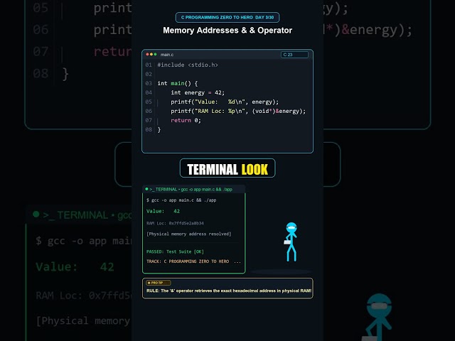 C PROGRAMMING ZERO TO HERO • DAY 3/30 | Memory Addresses & & Operator 🔍 #Shorts