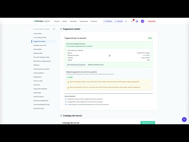 04 — Pagamenti delle sedute e catalogo dei servizi | Therapy Support IT