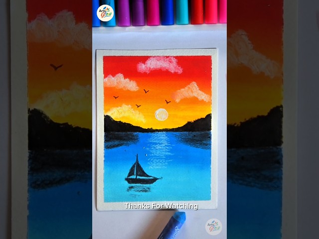 Beautiful Sunset Lake Drawing with Oil Pastels | Easy Landscape Art Tutorial#shorts