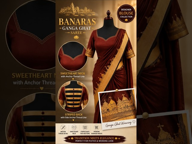 Banarasi Ganga Ghat Saree 😍 Sweetheart Neck Blouse Design Royal Back Strip Blouse #shorts #viral