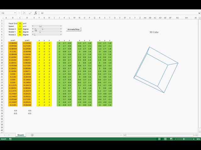 3D Cube: Excel chart for 3D Projection from x,y,z into x,y in perspective view