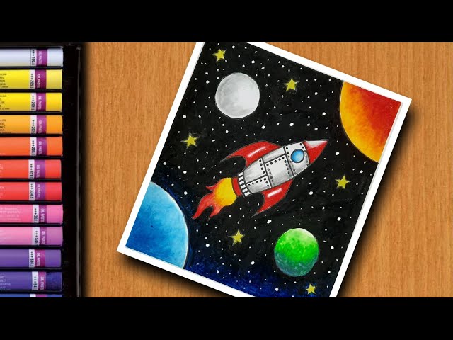 Rocket in space drawing for beginners with colours