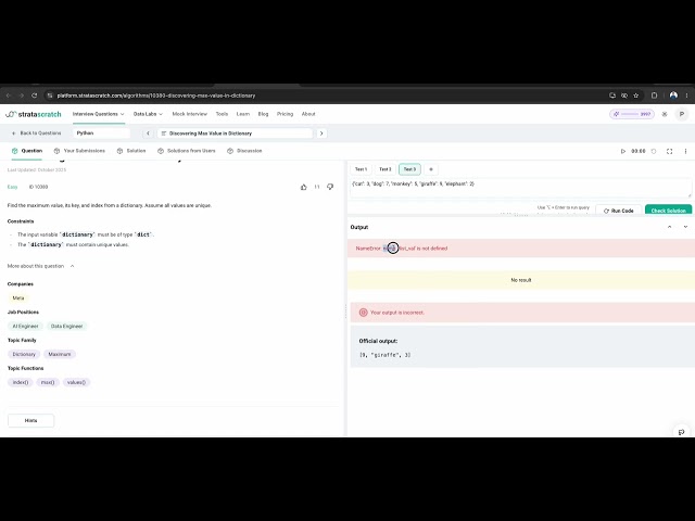 Python Coding Interview: Max Value, Key & Index in Dictionary (StrataScratch)
