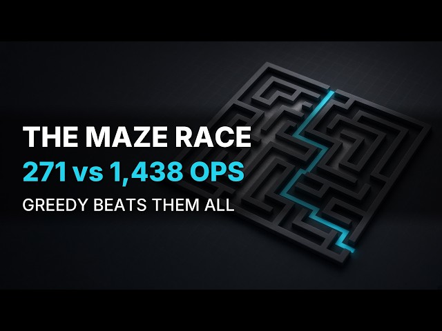 Maze Race: A* vs Greedy vs BFS vs DFS — Greedy Escapes in 271 Ops, BFS Floods 1,438