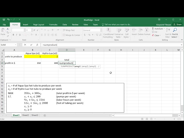 3. Introduction to Linear Optimization LP - Blue Ridge Implementing Excel Model