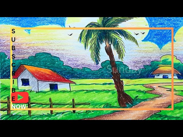oil pastel drawing-easy village scenery drawing step by step with oil pastel/oil pastel