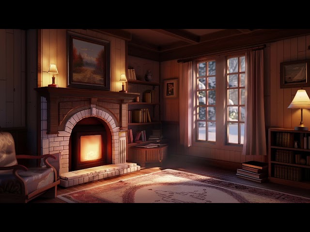 🌟 Snug Living Room Hearth: Embrace the Comfort of a Crackling Fire Amidst a Winter Storm