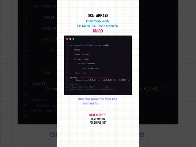 DSA Day 13/100 | Common Elements in Two Arrays Using Hash Set | Python. #dsa #python #coding #trend