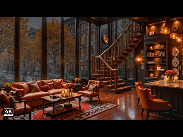 Cozy Coffee Shop & Rainy Jazz Outside | Vintage Autumn Street & Smooth Jazz Piano For Relaxing