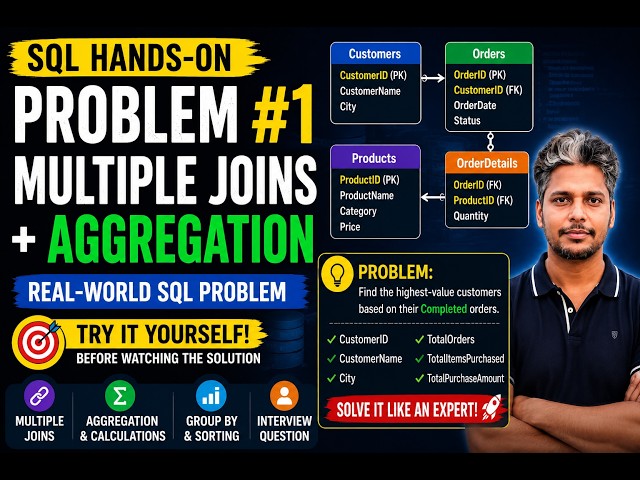SQL Hands-On Problem #1 | Multiple Joins + Aggregation | SQL Interview Question