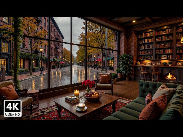 Beautiful, Relaxing Autumn Jazz ~ Cozy Café Atmosphere by the Fireplace on a Rainy Day for Study