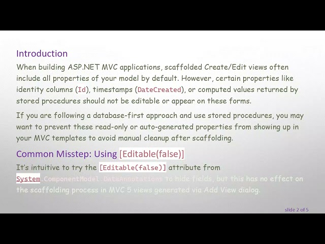How to Prevent Certain Model Properties from Appearing in ASP.NET MVC Create/Edit Templates Using S