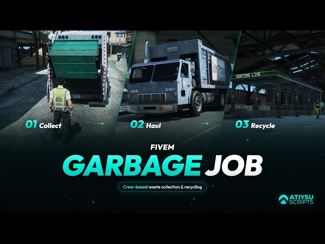FiveM Garbage Job Script — Sorting Line, Bale Press & Crew Trucks