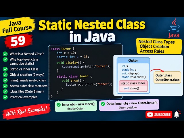 Java Course | 58 - Static Nested Class in Java | Nested Class Types, Object Creation & Access Rules