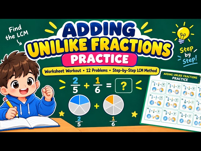 Adding Unlike Fractions | 12 Practice Problems with the LCM Method 🍕 | Fraction Addition