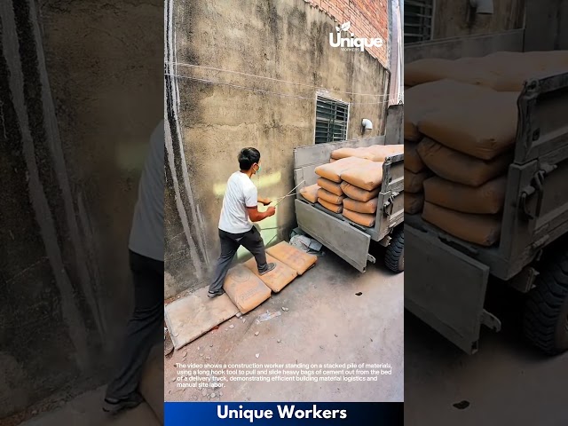 Construction Logistics: Worker Using Hook Tool to Unload Bags of Cement from Truck Bed