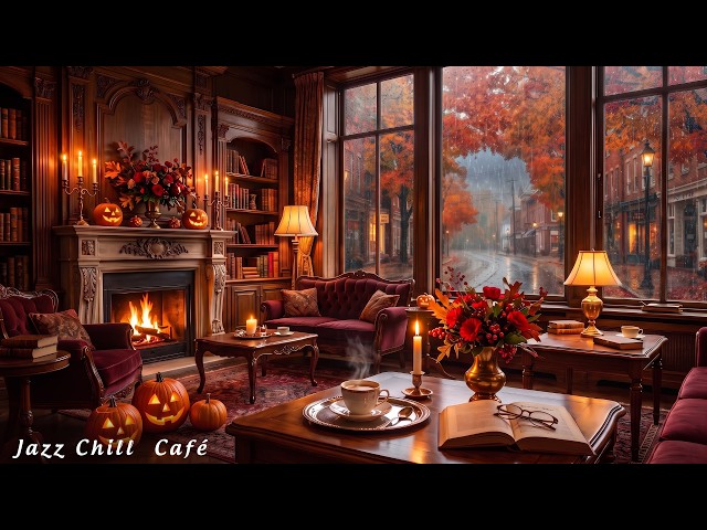 Autumn Rain & Halloween October 🎃🔥 Relaxing Smooth Jazz with Cozy Café & Warm Fireplace