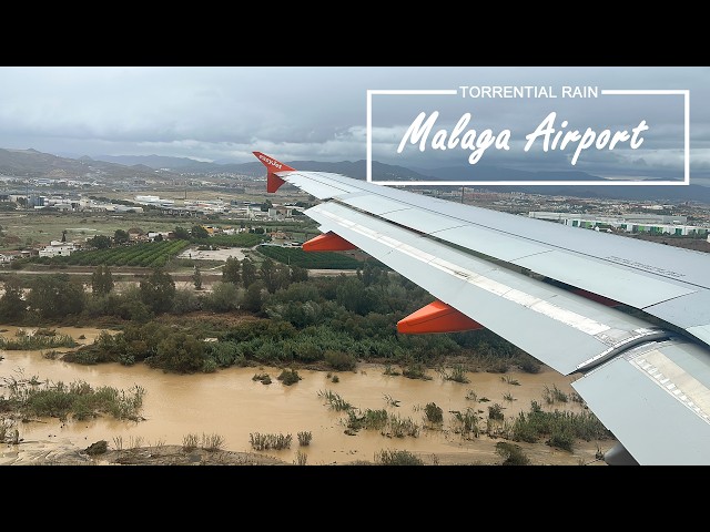 Landing in Malaga during torrential rain, storm and floods in Spain