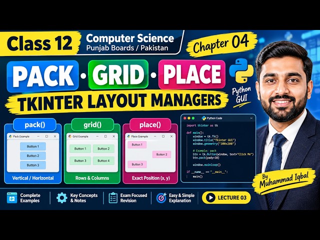 pack(), grid() & place() in Tkinter | Class 12 Computer Science Chapter 04 | Lecture 03