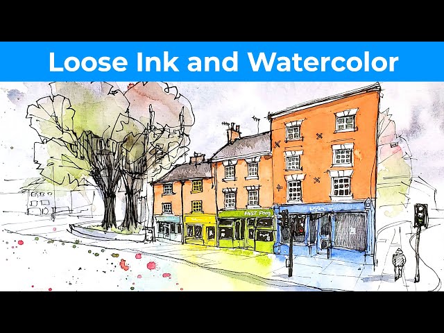 Loose ink and watercolor sketching for beginners - Shops in the City of Derby in REAL TIME